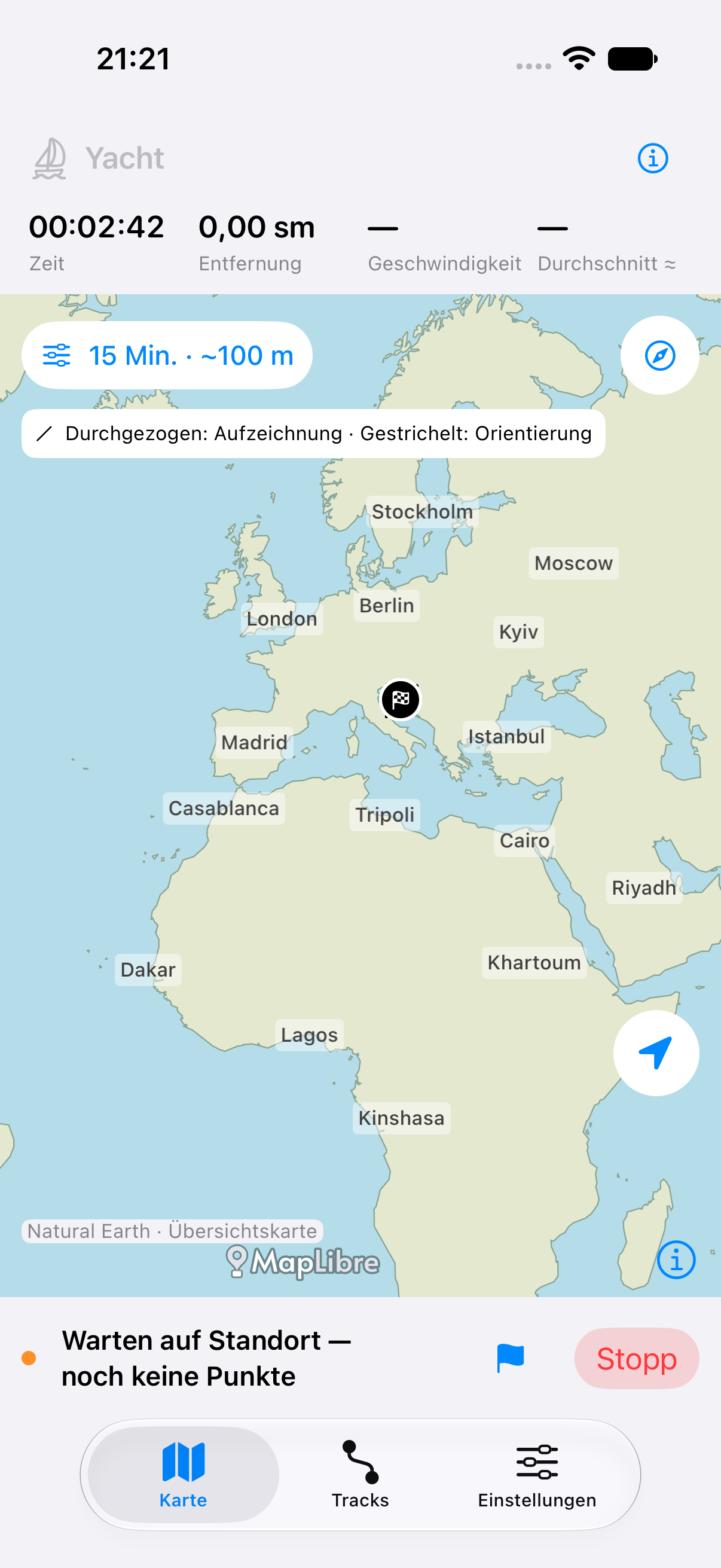 Kartenansicht von Track mit Yachtprofil und Offline-Übersichtskarte