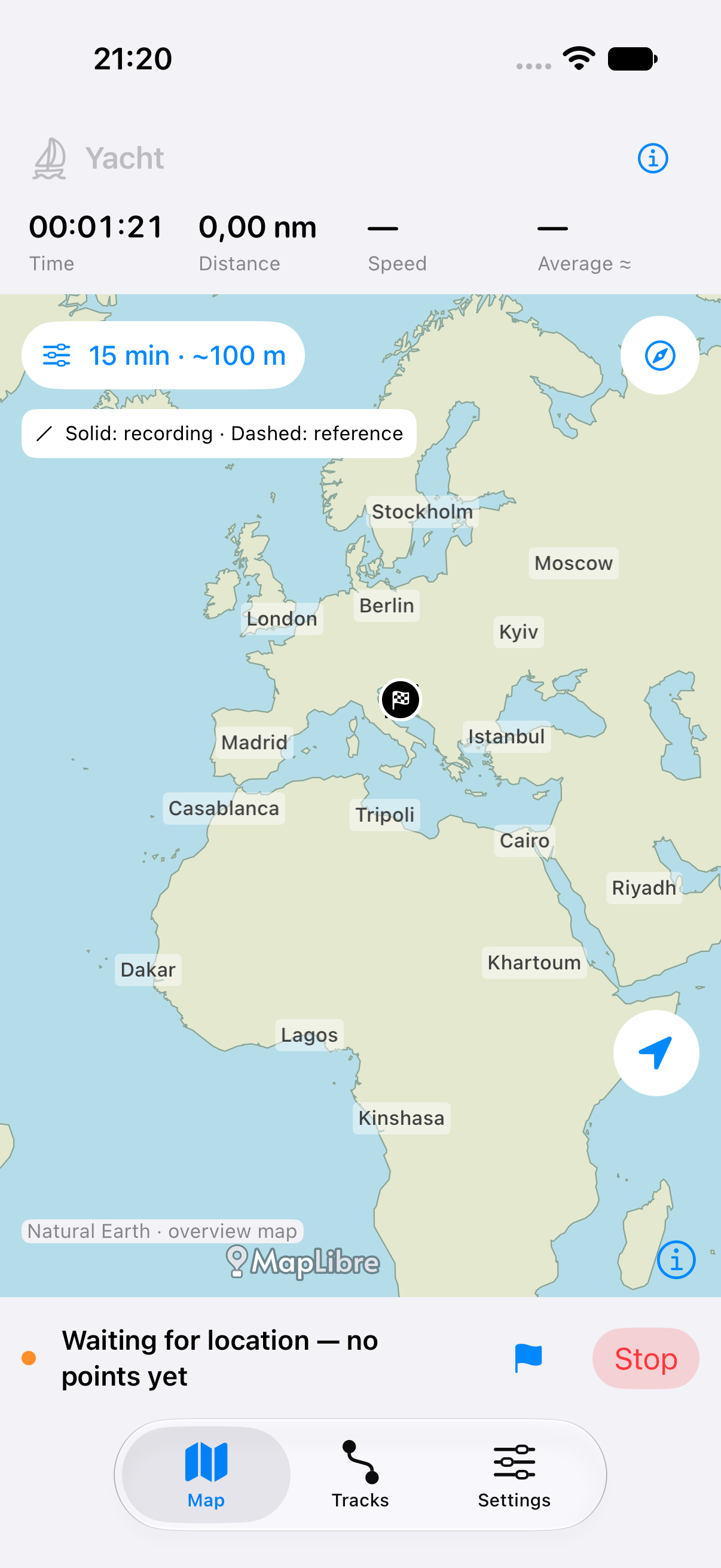Track map screen with the yacht profile and offline overview map