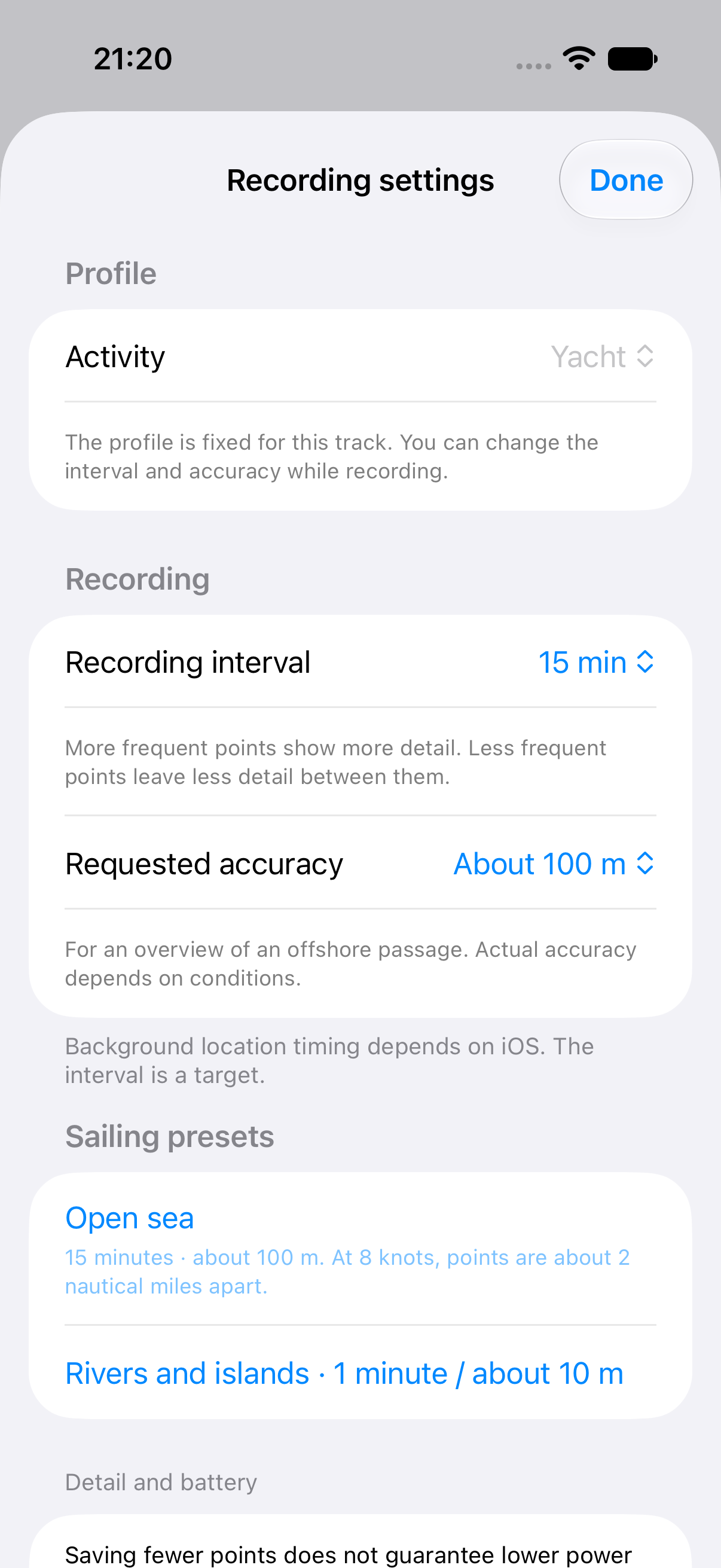 Yacht recording settings with a 15-minute target interval and approximately 100-metre requested accuracy