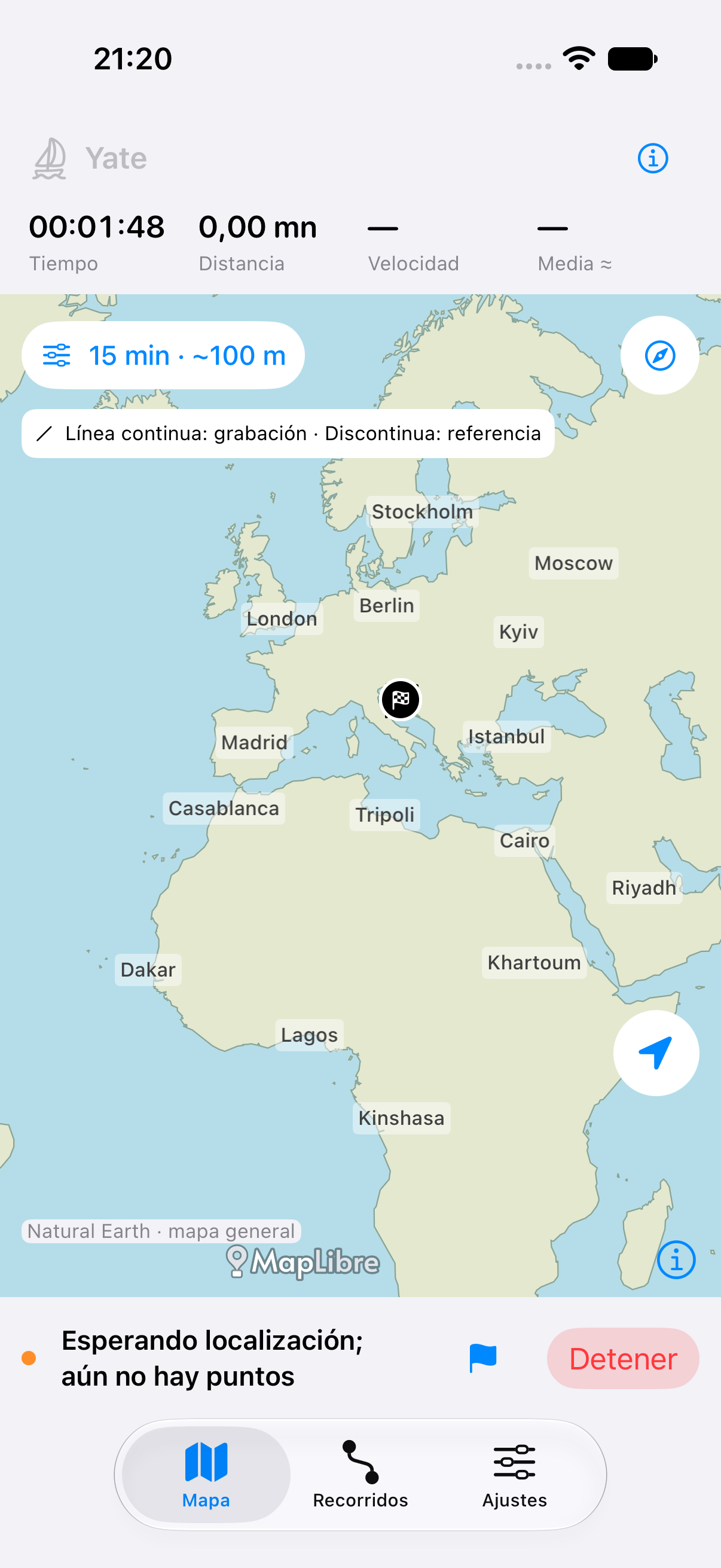 Pantalla del mapa de Track con el perfil de embarcación y el mapa general sin conexión