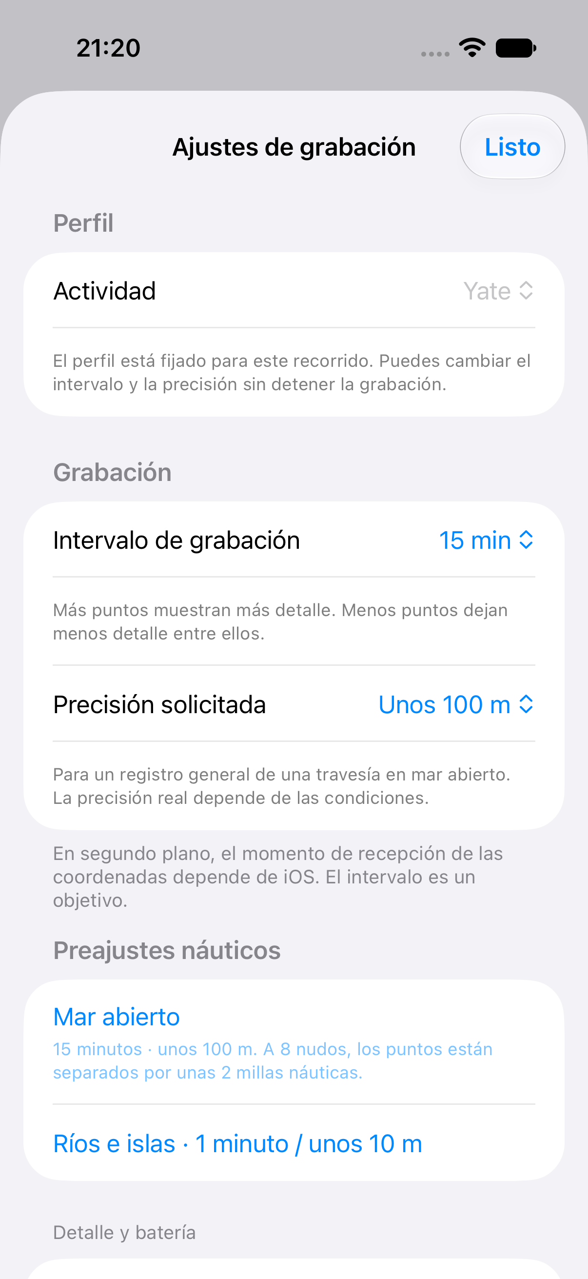 Ajustes de grabación para embarcaciones con un intervalo objetivo de 15 minutos y una precisión solicitada de aproximadamente 100 metros