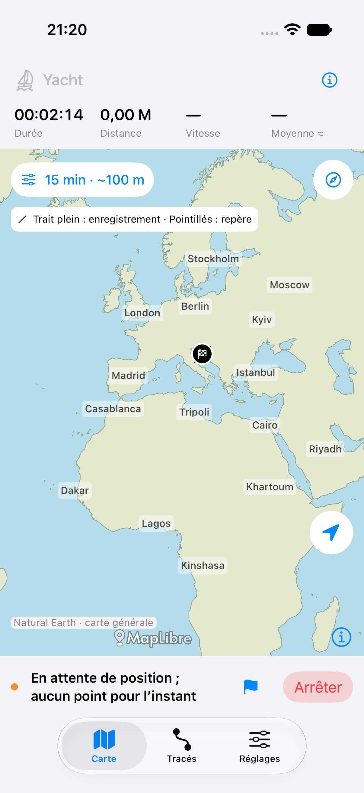 Écran de carte de Track avec le profil yacht et la carte générale hors ligne