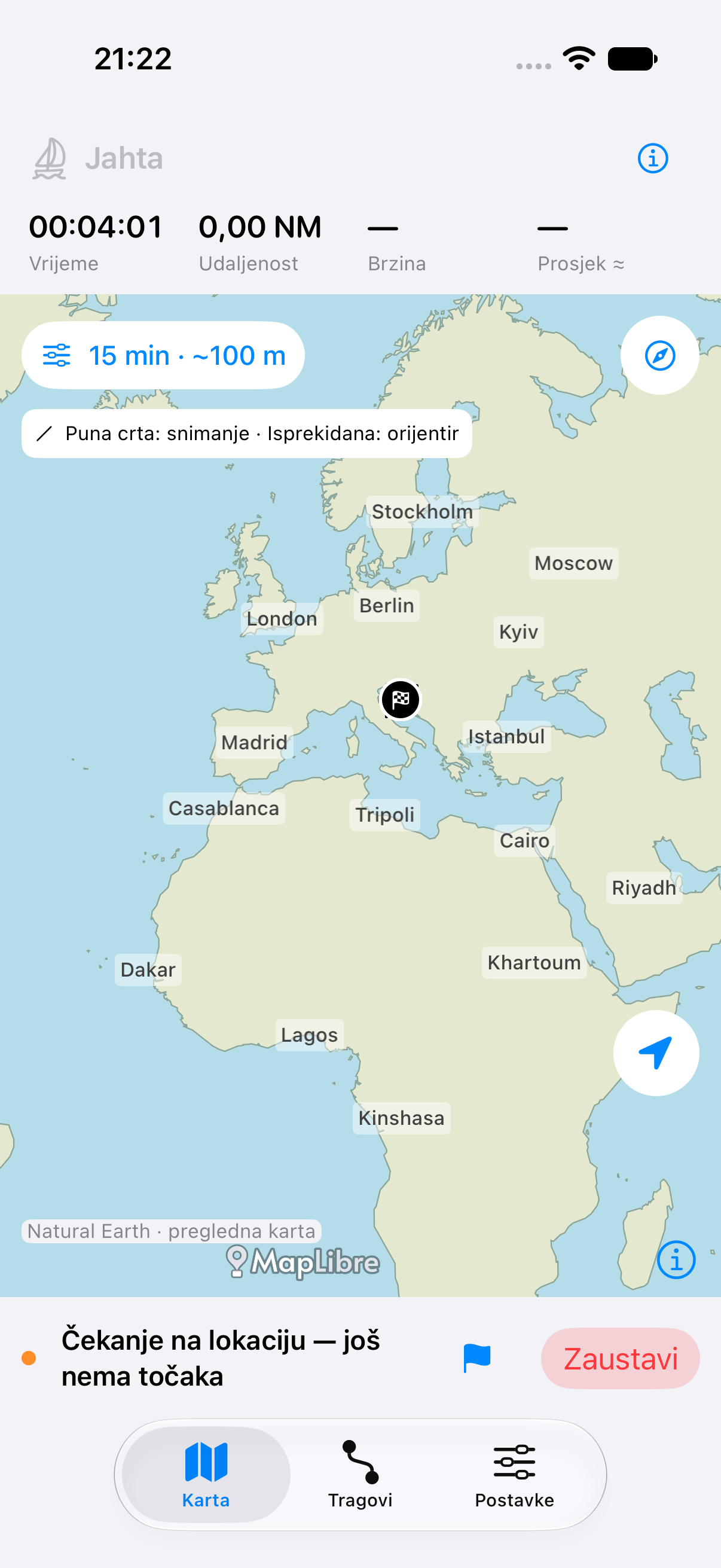 Zaslon karte aplikacije Track s profilom Jahta i izvanmrežnom preglednom kartom