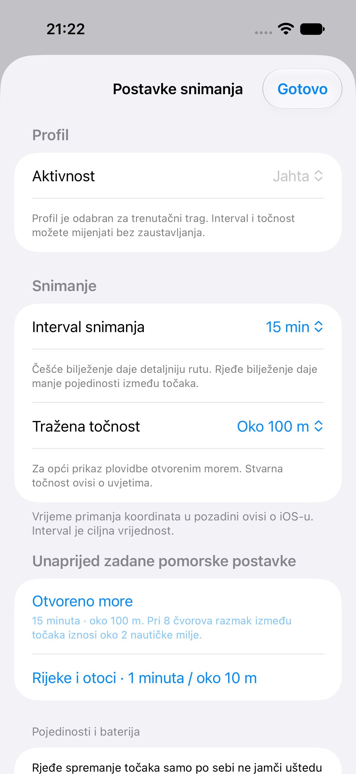 Postavke snimanja profila Jahta s ciljnim intervalom od 15 minuta i traženom točnošću od približno 100 metara