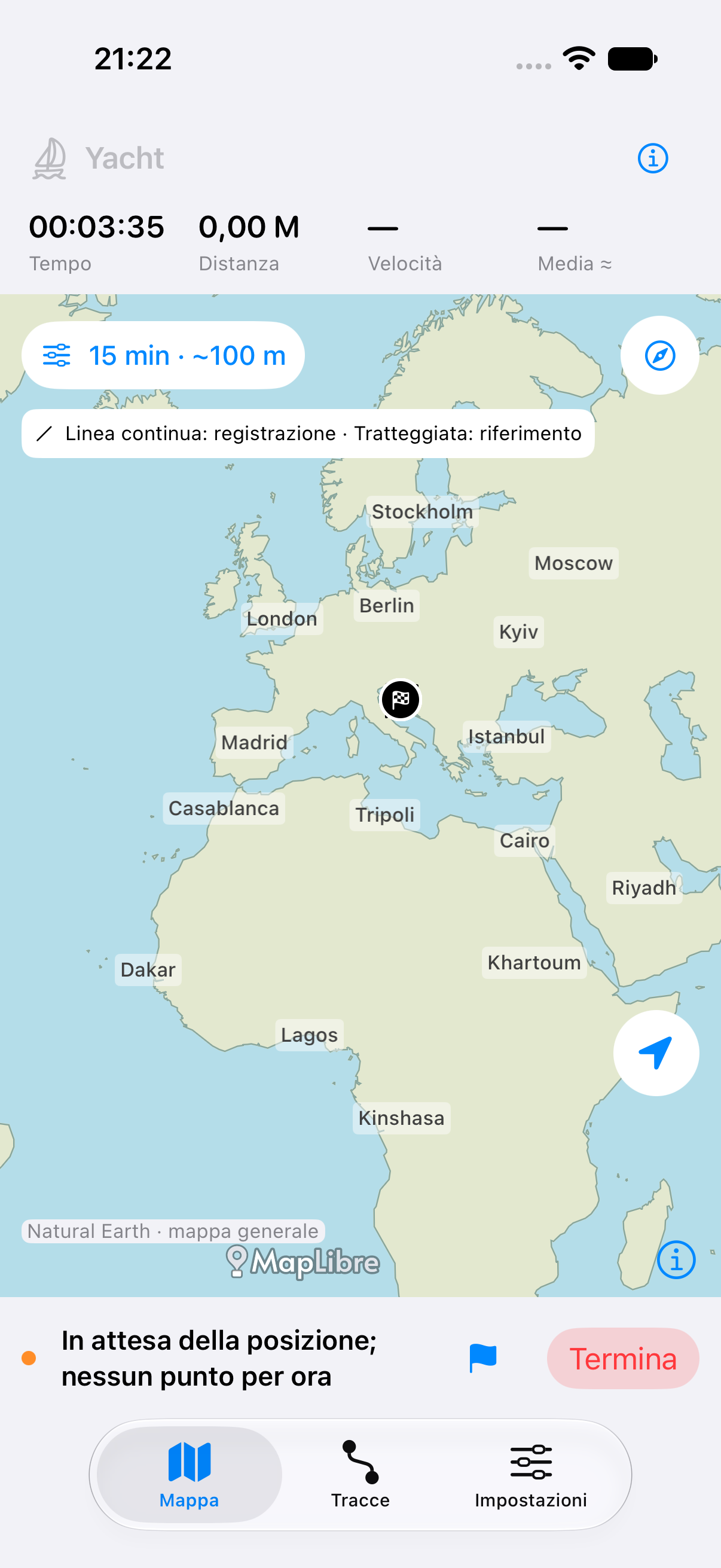 Schermata della mappa di Track con il profilo Yacht e la mappa panoramica offline