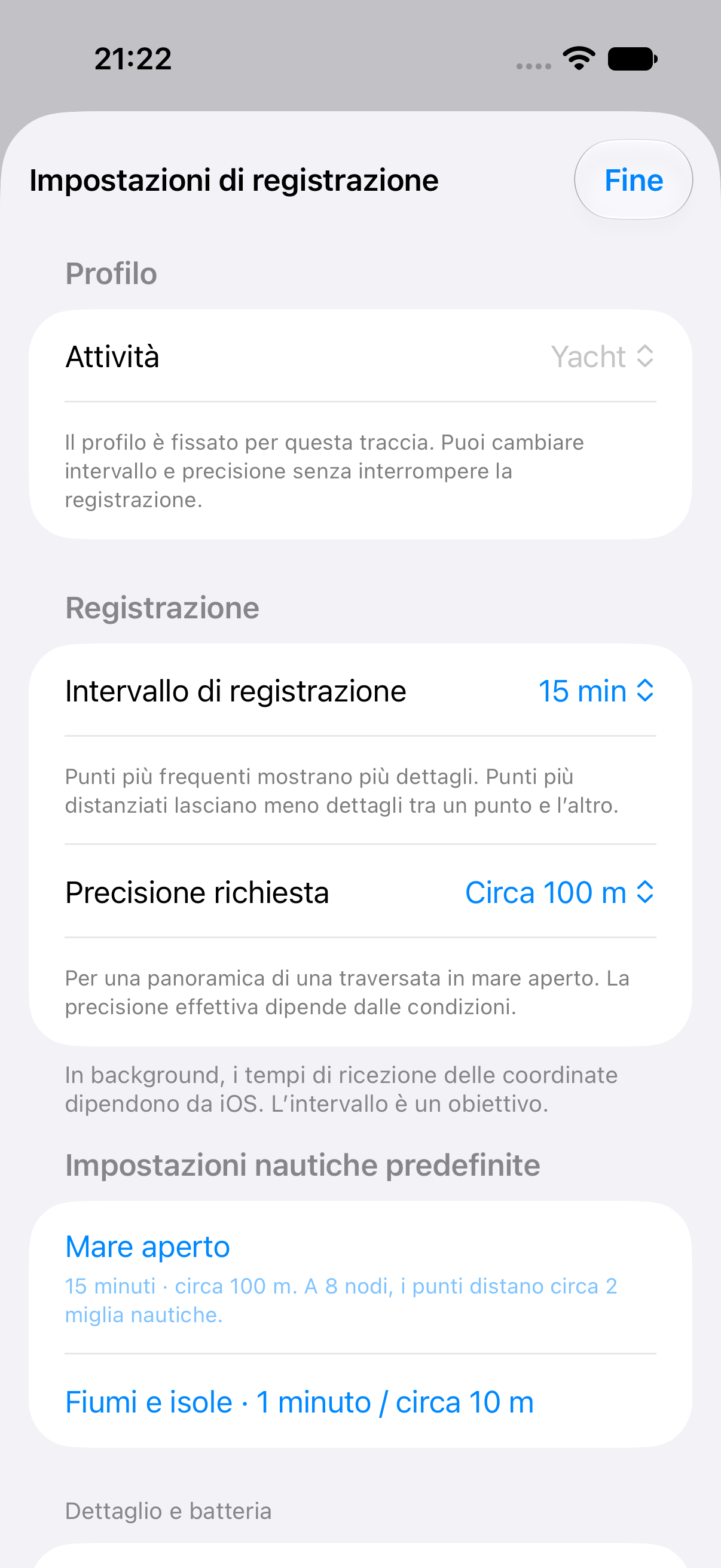 Impostazioni di registrazione del profilo Yacht con un intervallo obiettivo di 15 minuti e una precisione richiesta di circa 100 metri