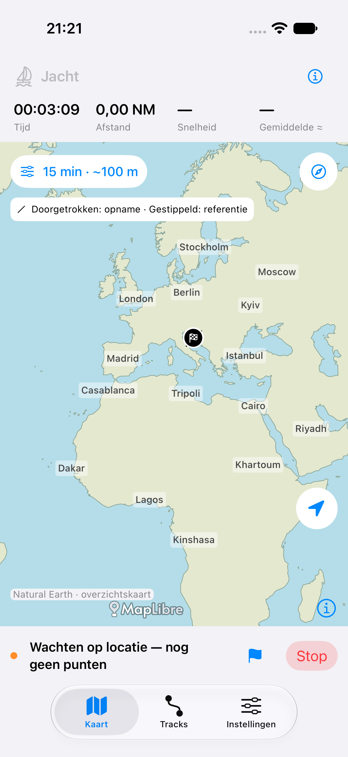 Kaartscherm van Track met het jachtprofiel en de offline overzichtskaart