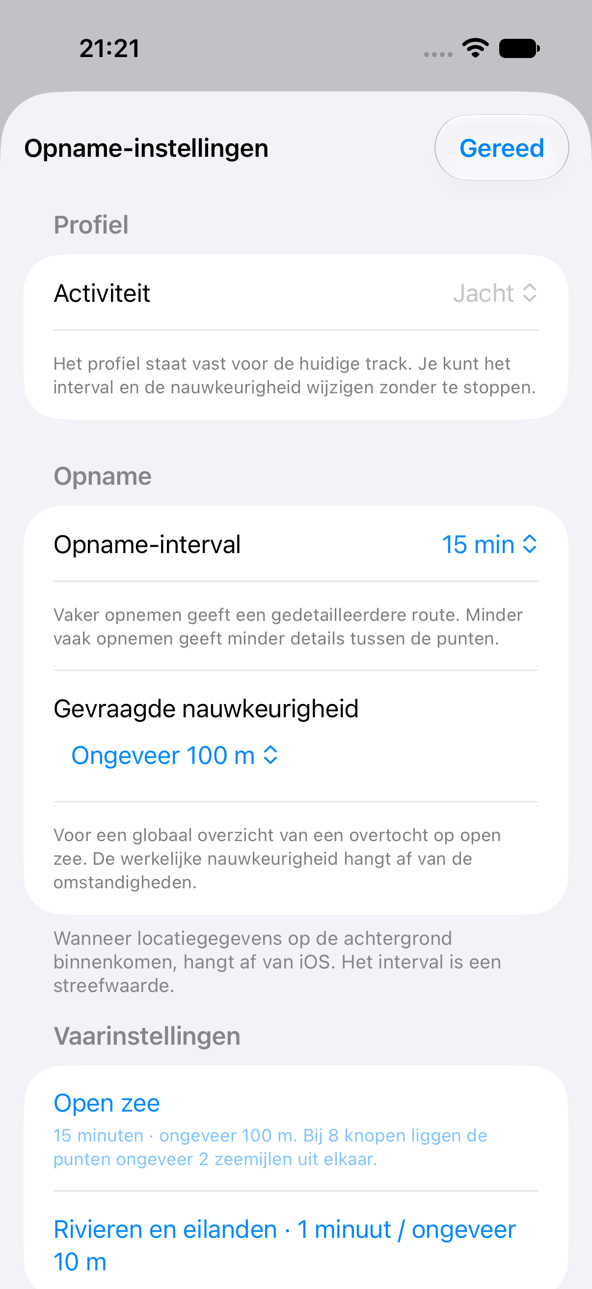 Jachtinstellingen met een streefinterval van 15 minuten en een gevraagde nauwkeurigheid van ongeveer 100 meter