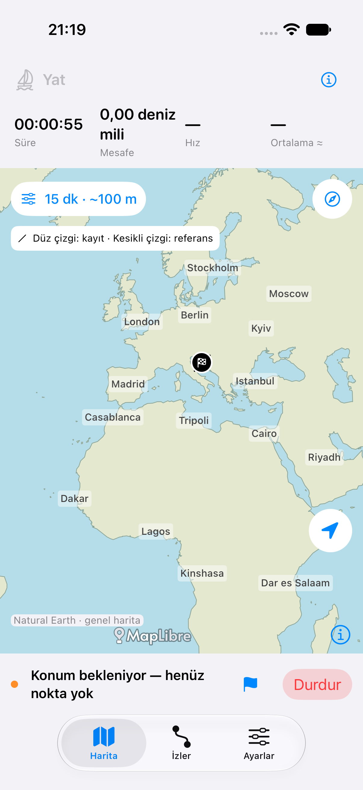 Yat profili ve çevrimdışı genel haritanın gösterildiği Track harita ekranı